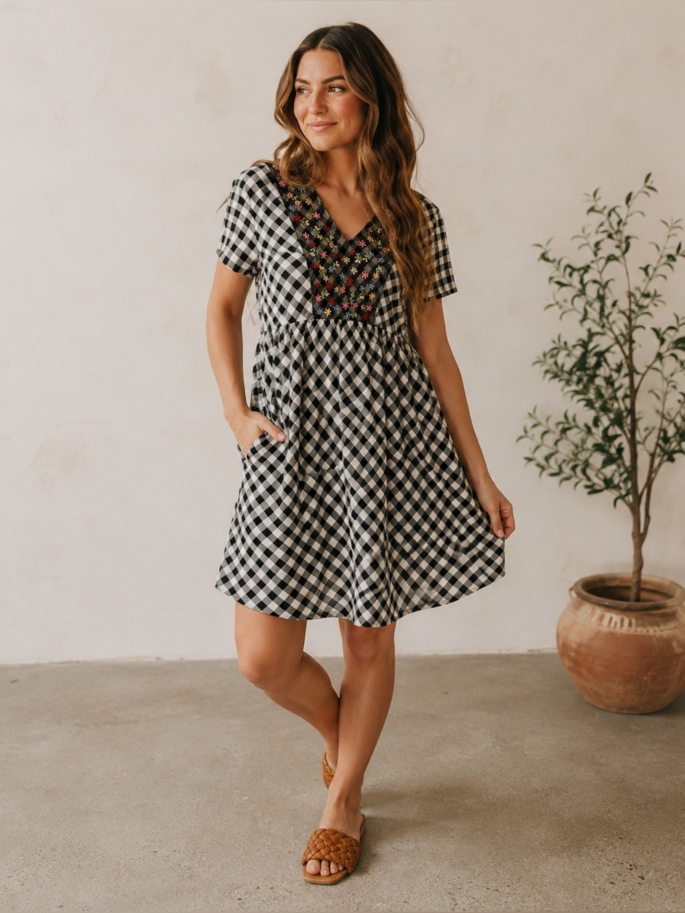 Roolee Black and White Checkered Dress with Floral Embroidery
